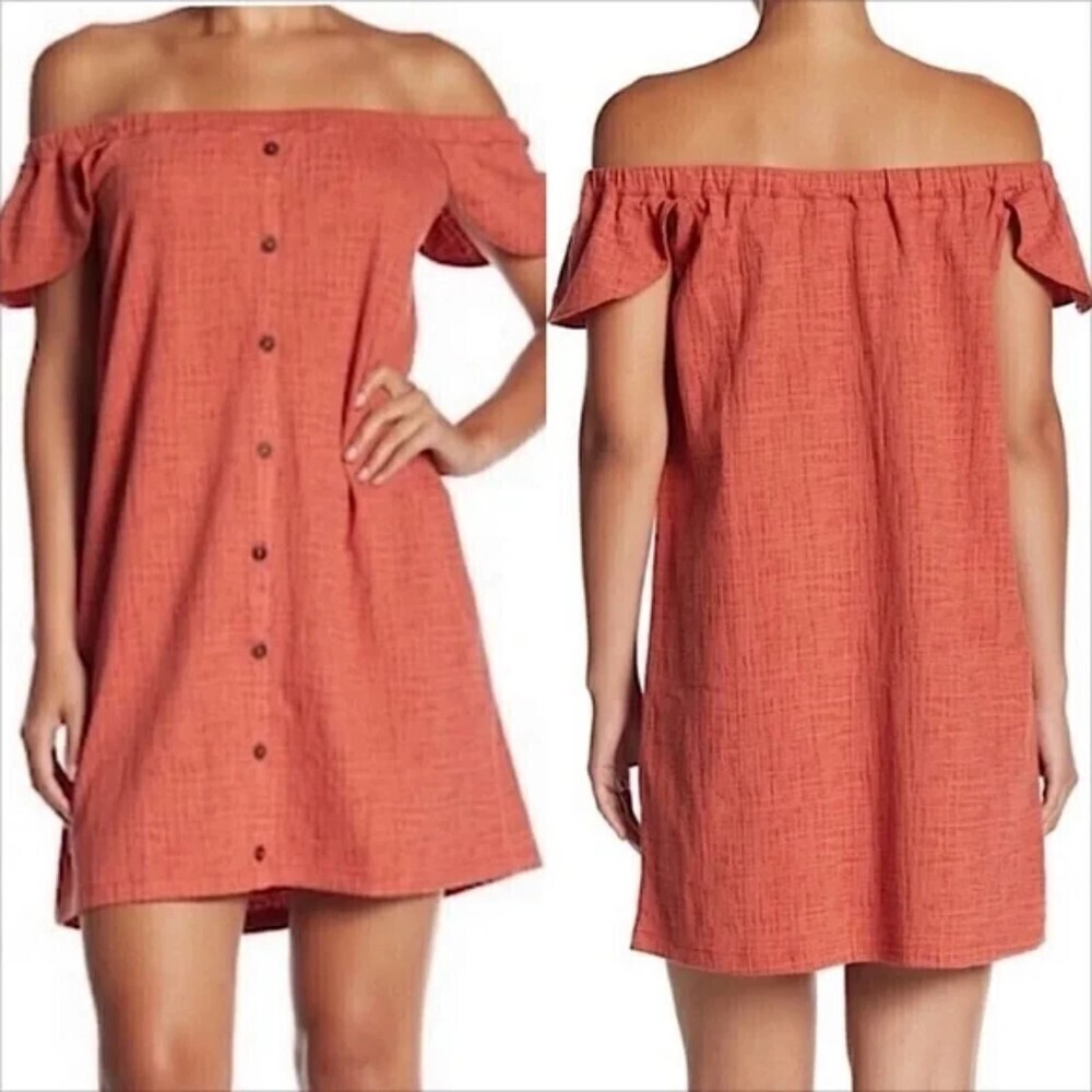 MADEWELL Burnt Orange Rust Off The Shoulder Textured Button Front Dress Size XS